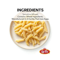 La Fe Pasta Penne Rigate ingredients: semolina wheat, quality Latin food for authentic Italian meals.
