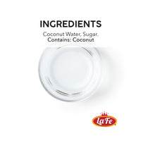 Coconut water ingredients with La Fe logo, showcasing sugar-free, quality Latin food option.