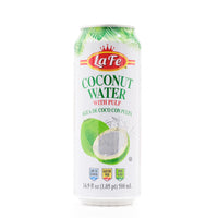 LA FE Coconut Water with Pulp 500mL can, refreshing and hydrating drink, perfect for quality Latin foods lovers.