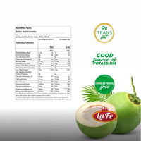 Nutrition facts for LA FE DRINK COCONUT WATER showcasing low calories and high potassium, ideal for healthy hydration.