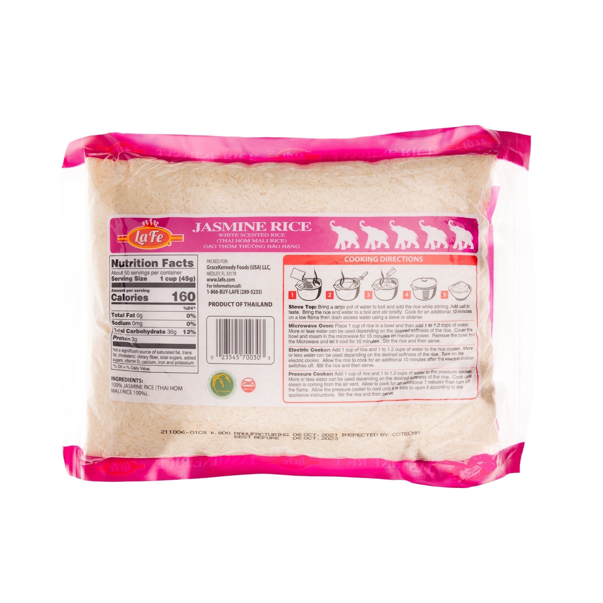 La Fe Jasmine Rice 10x5 lbs package, ideal for authentic Latin cuisine and enhancing tropical flavors.