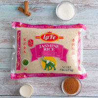 La Fe Jasmine Rice 5 lbs package with cinnamon and sugar, perfect for authentic Latin cooking and flavors.