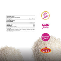 Nutrition facts for La Fe Rice Jasmine: gluten-free, GMO-free, 0g total fat, quality Latin food.