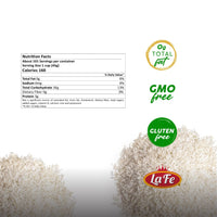 Nutrition facts of La Fe Rice Jasmine showing 0g total fat, GMO free, and gluten free indicators on a rice background.