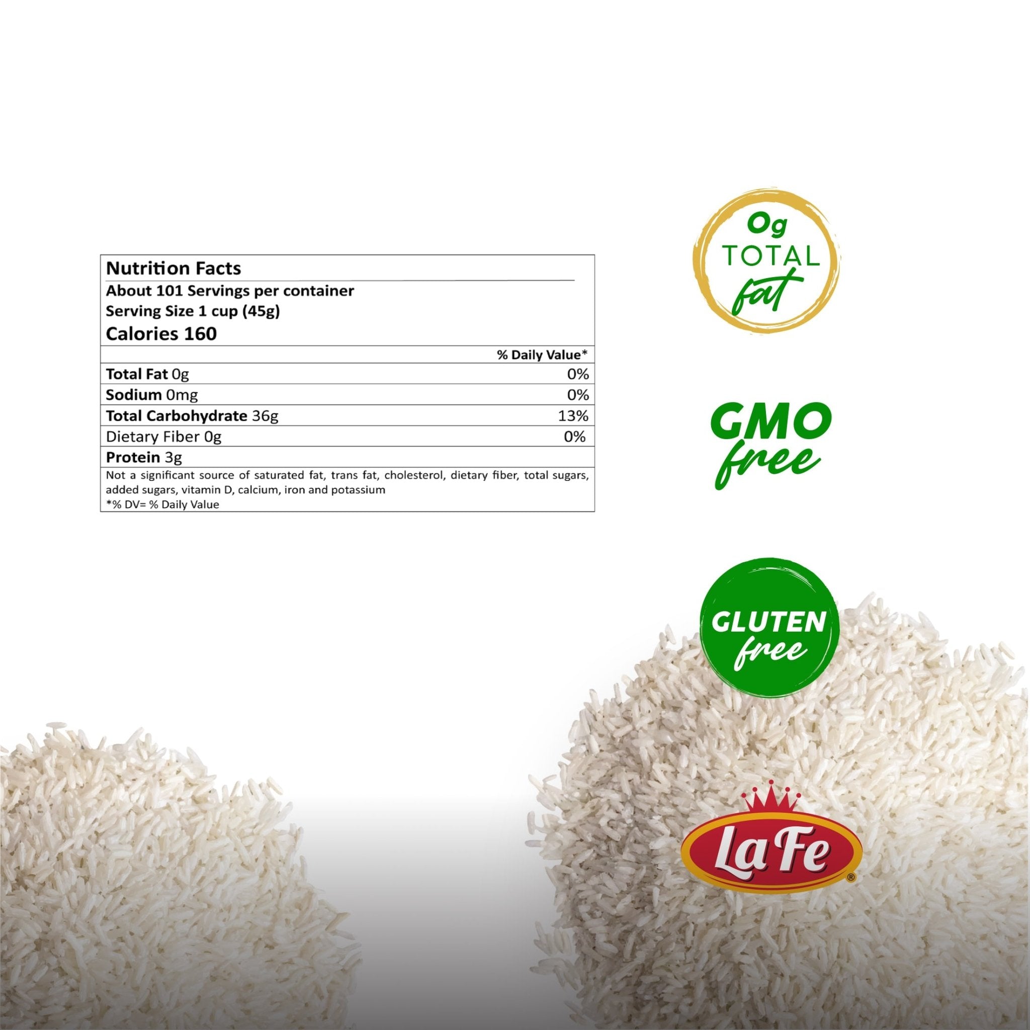 Nutrition facts of La Fe Rice Jasmine showing 0g total fat, GMO free, and gluten free indicators on a rice background.