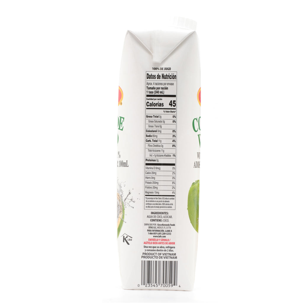 Nutrition label of La Fe Prisma Coconut Water, a quality Latino product, offering fresh and refreshing hydration without sugar.