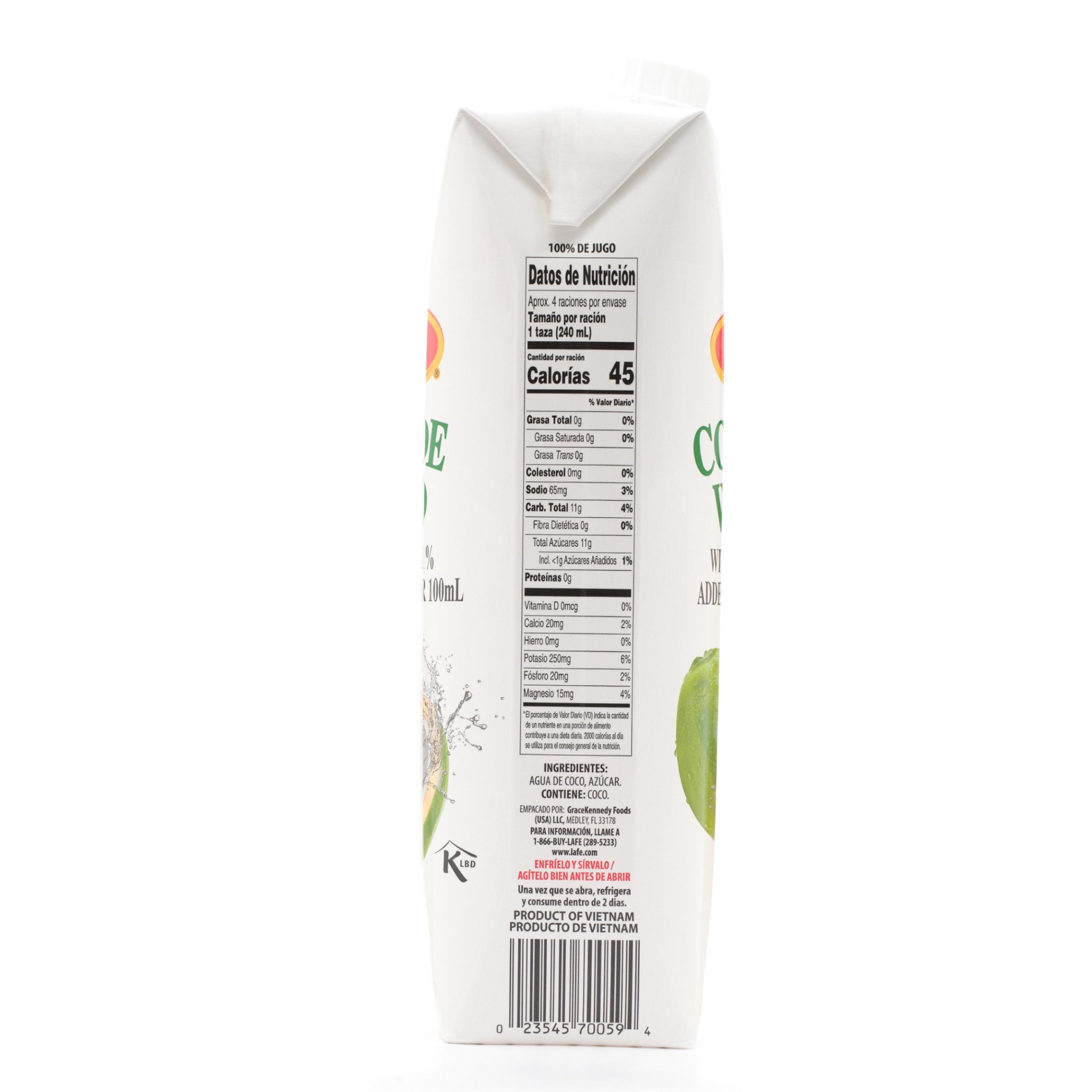 Nutrition label of La Fe Prisma Coconut Water, a quality Latino product, offering fresh and refreshing hydration without sugar.