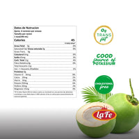 Nutritional label of La Fe Coconut Water showcasing key health benefits and ingredients, ideal for quality Latin foods.