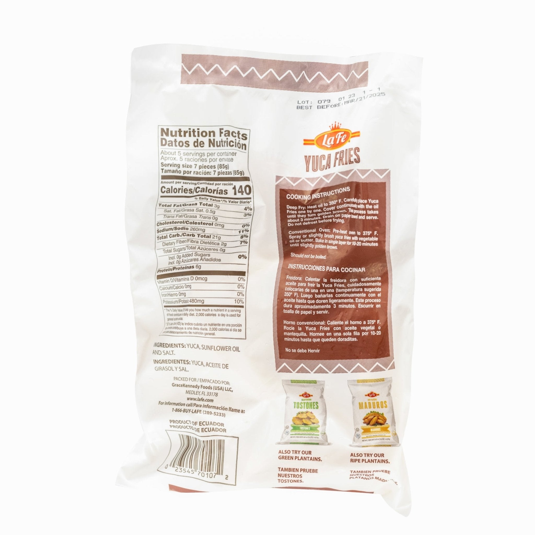 Back of La Fe Yuca Fries packaging showing nutritional information, ideal for healthy Latin snacking.