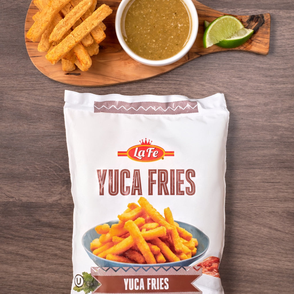 La Fe Yuca Fries package with golden fries and dipping sauce, a tasty and authentic Latin snack option.