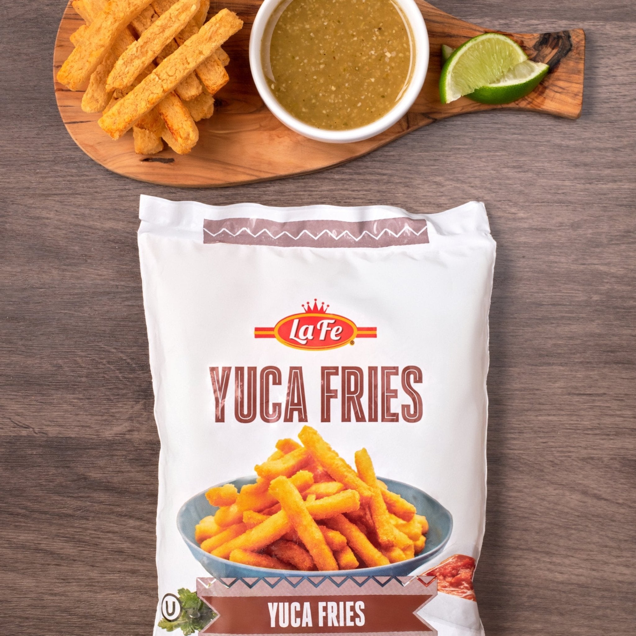 La Fe Yuca Fries package with golden fries and dipping sauce, a tasty and authentic Latin snack option.
