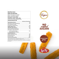Nutrition facts for La Fe Yuca Fries highlighting vegan, no added sugars, and cholesterol-free benefits.