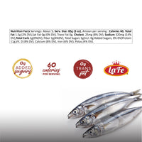 Nutrition facts of La Fe Sardines in Tomato Sauce, showcasing low calories and no added sugars. Quality Latin food for healthy meals.