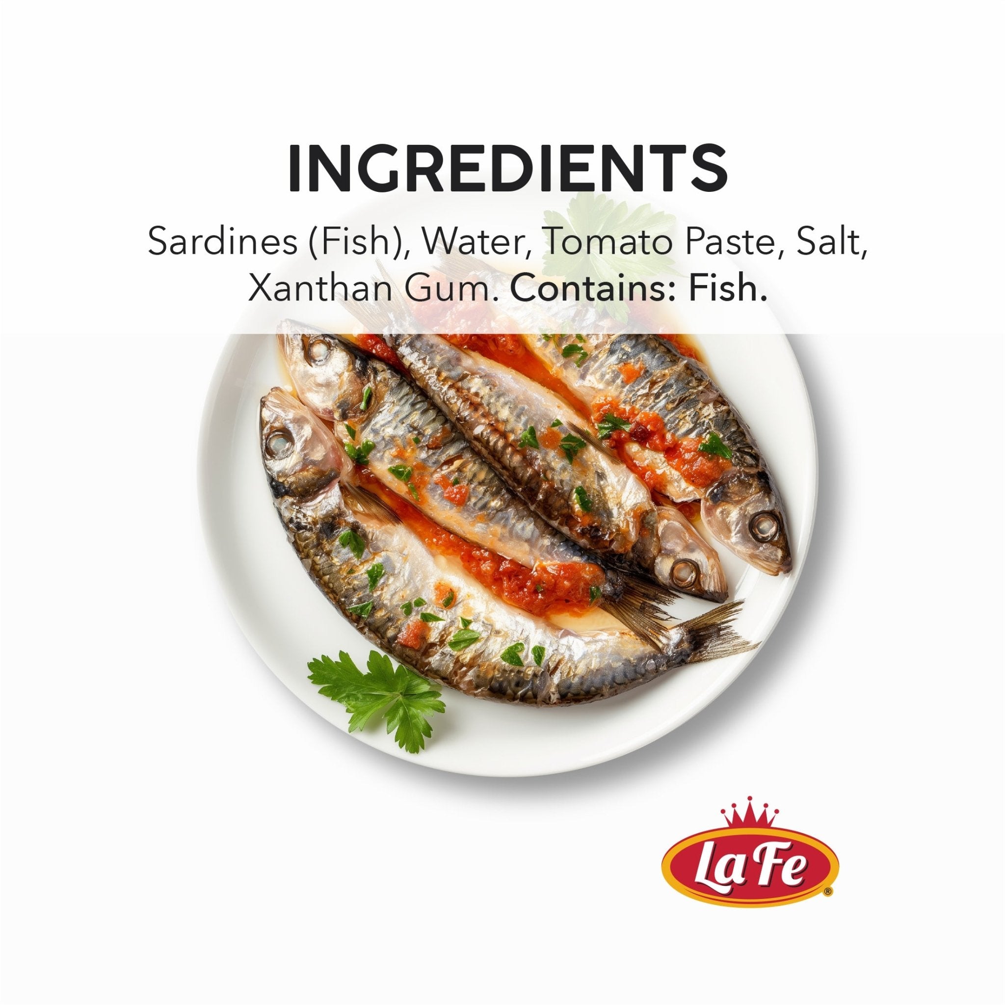La Fe sardines with tomato sauce ingredients, nutritious seafood for authentic Latin meals.