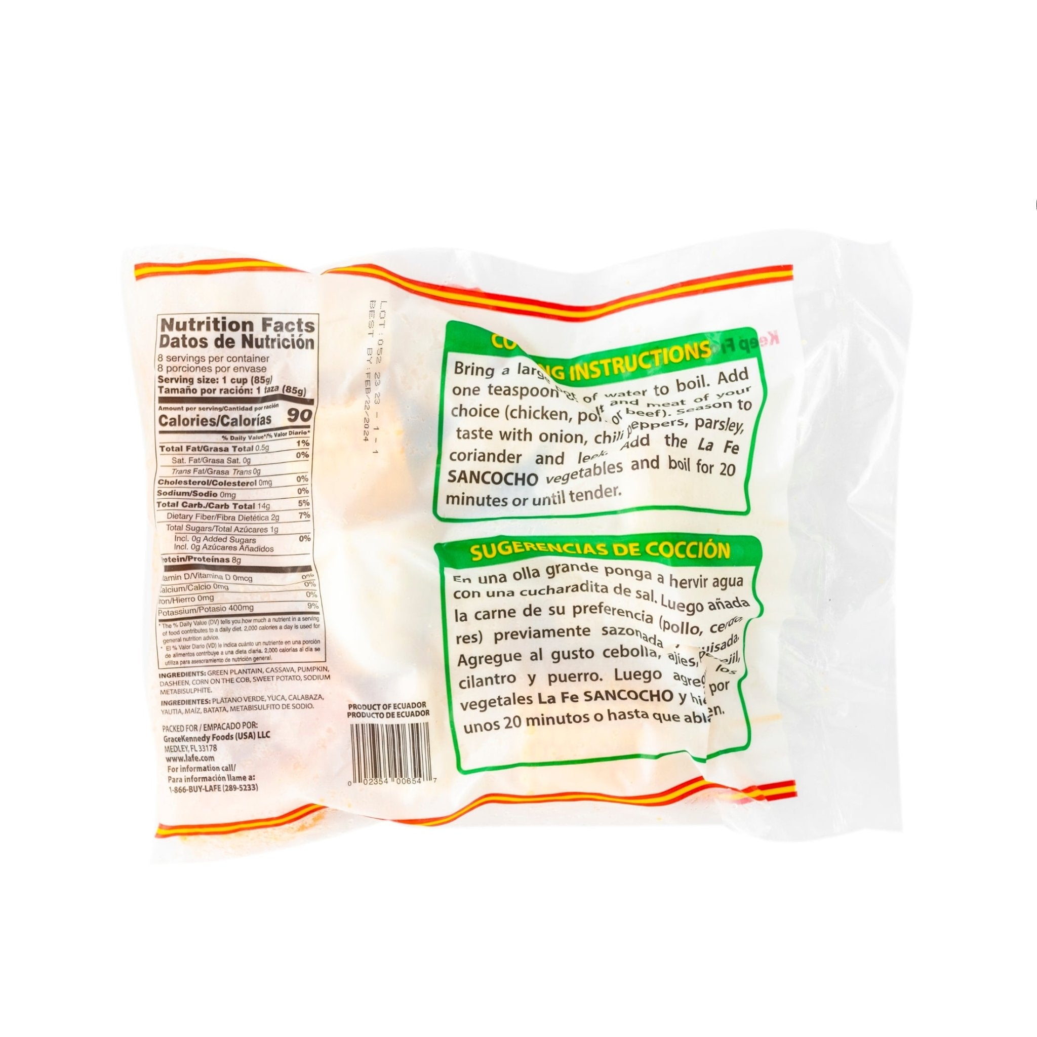 La Fe Sancocho packaging with nutrition facts and cooking instructions, showcasing authentic Latin food for hearty meals.