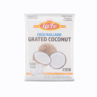 LA FE Grated Coconut 14 oz package, perfect for refreshing tropical drinks and authentic Latin recipes.