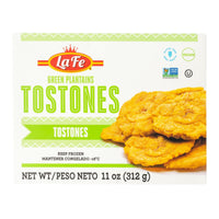 La Fe Tostones 11 oz package featuring crispy green plantain snacks; authentic Latin food for quality meals.