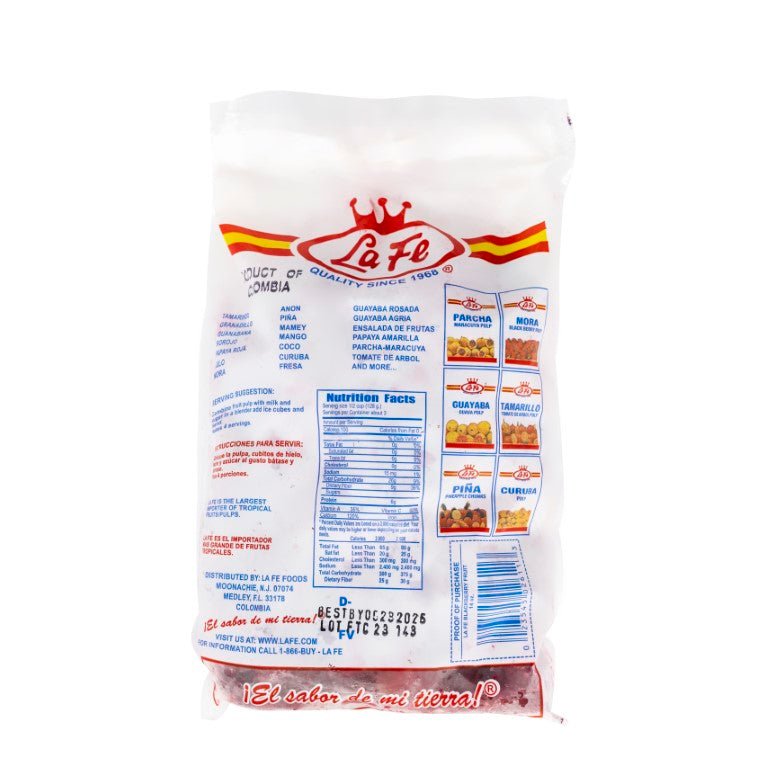 La Fe Fruit Mora 12/14 OZ packaging, offering quality Latin food with fresh tropical flavors, ideal for Latin grocery shopping.