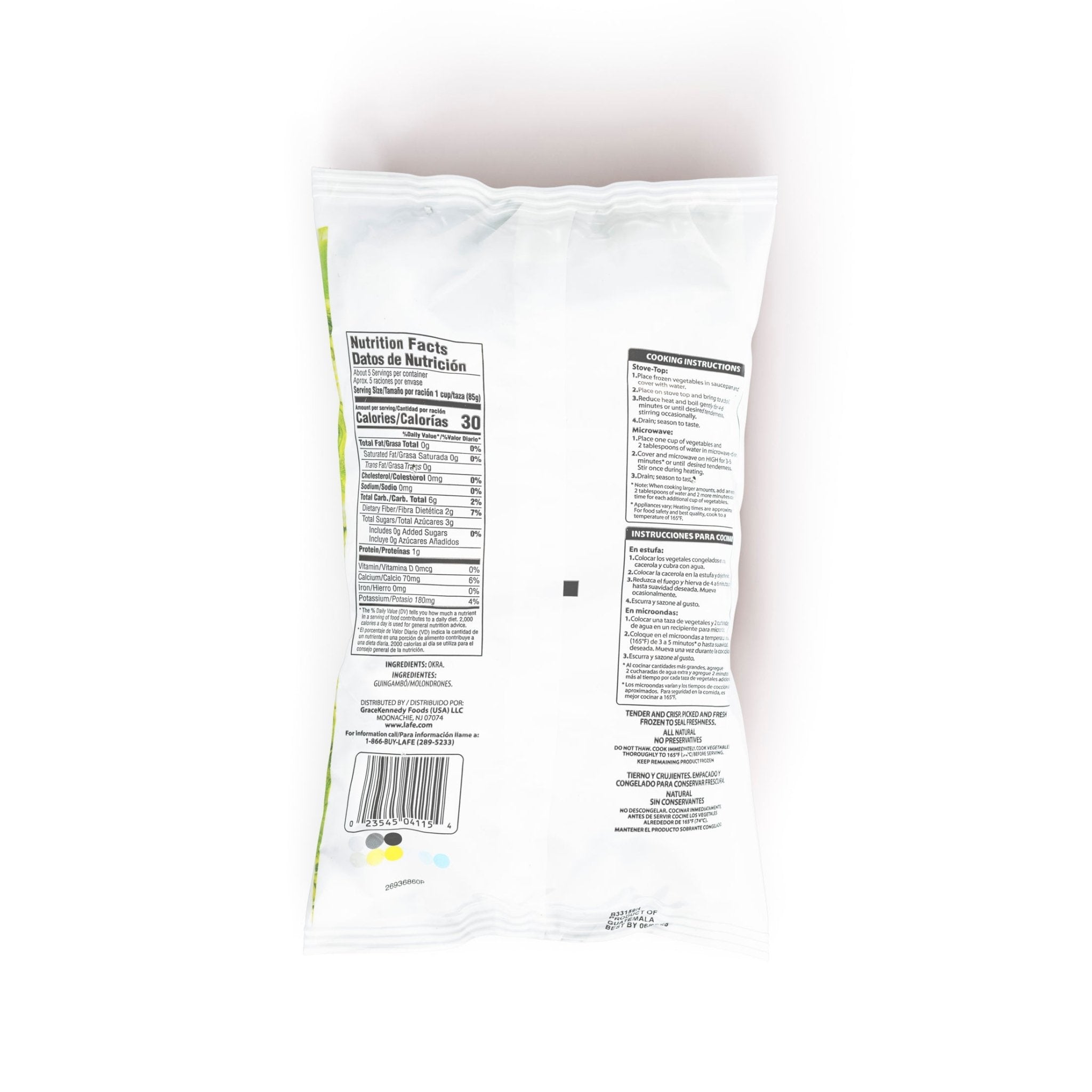 Back view of LAFE VEG-1 CUT OKRA package showcasing nutrition facts and quality ingredients for authentic Latin food.