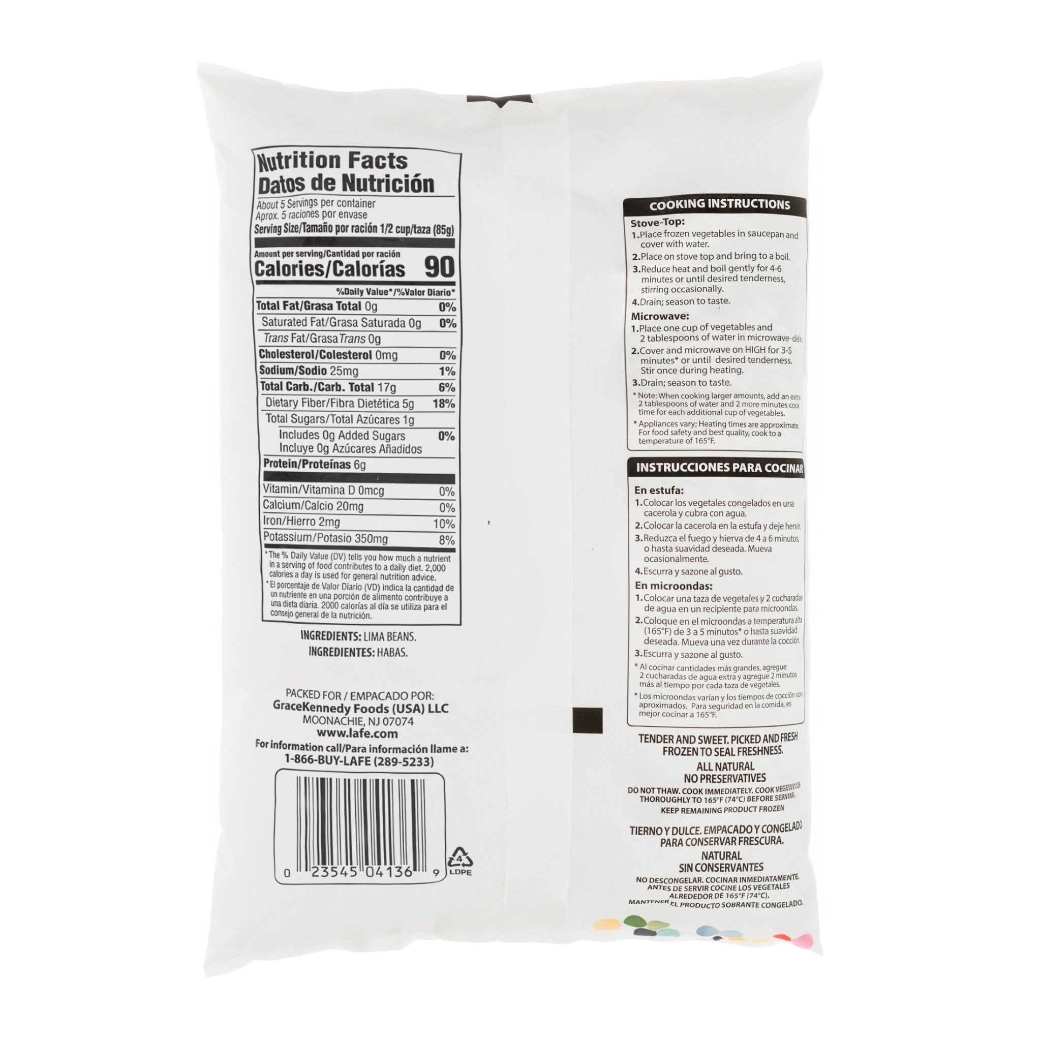 Nutrition facts and cooking instructions for La Fe Baby Lima Beans, healthy Latin food option.