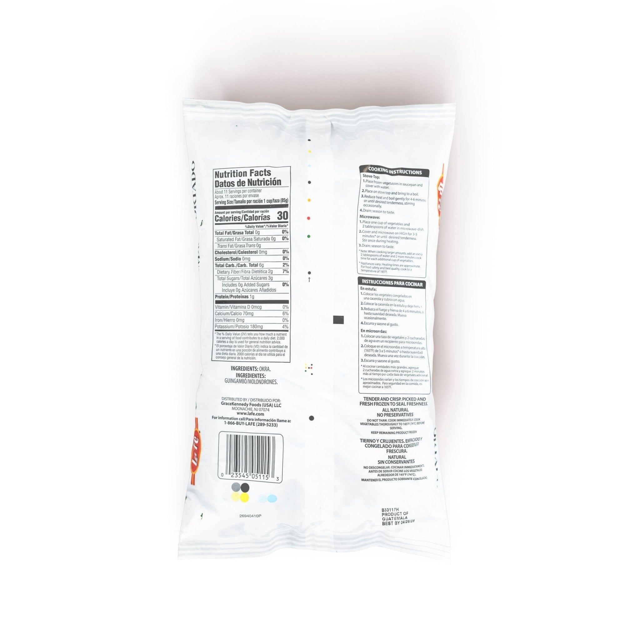 Nutrition facts for La Fe Veg Cut Okra in 12 oz bag, showcasing healthy ingredients for authentic Latin food.