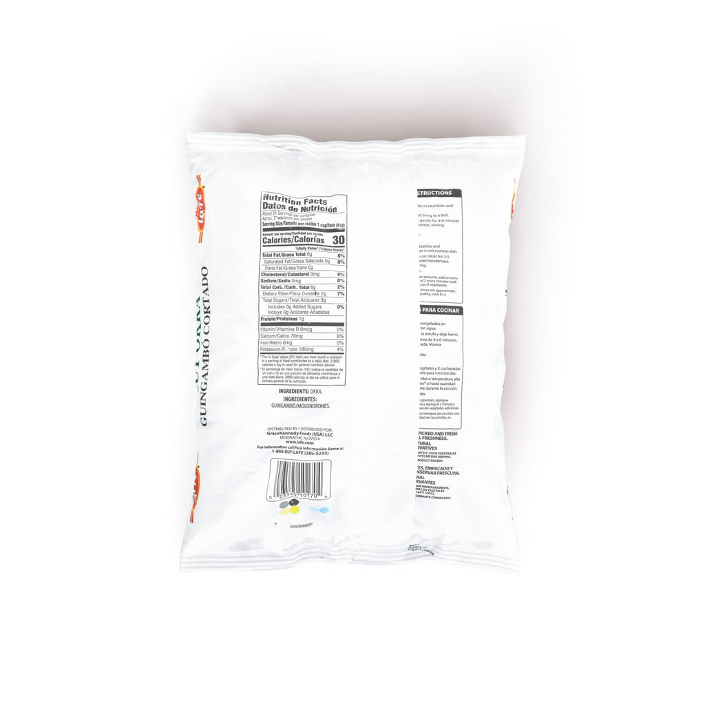 LAFE VEG CUT OKRA packaging showing nutrition facts, a quality Latin food product for authentic meals.