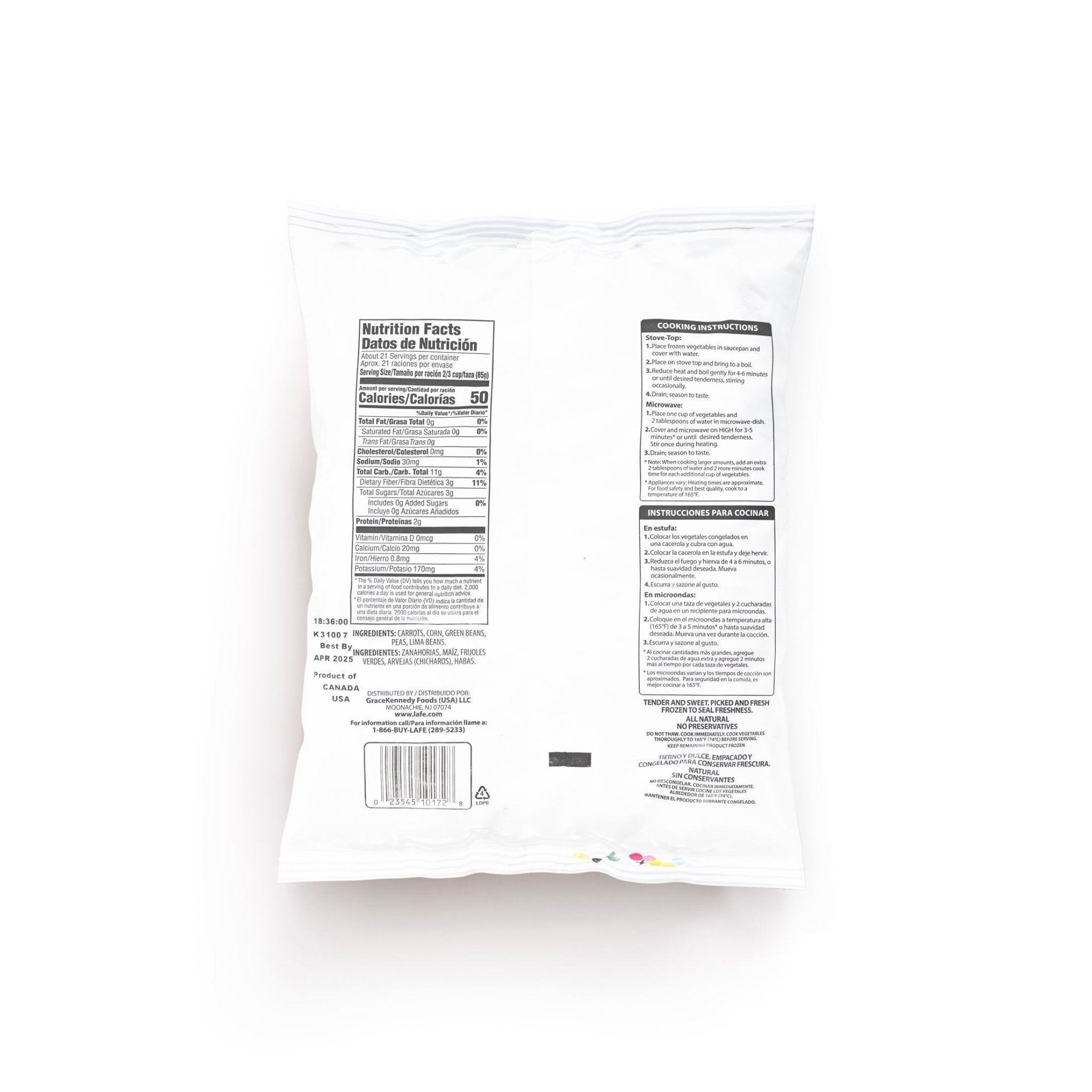 La Fe Veg-4 Mixed Vegetables nutrition facts label for quality Latin food, perfect for vibrant meals and healthy choices.