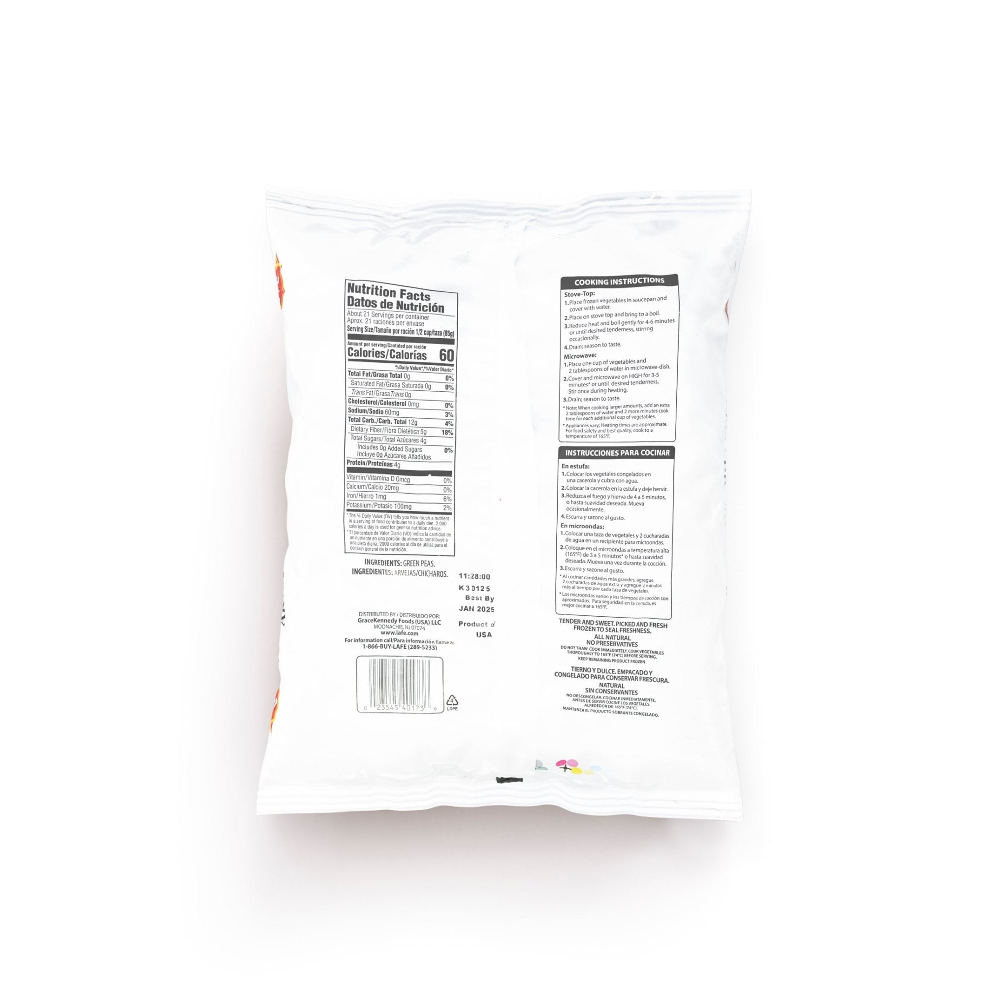 LAFE VEG-4 GREEN PEAS packaging with nutrition facts, a healthy choice for quality Latin food.