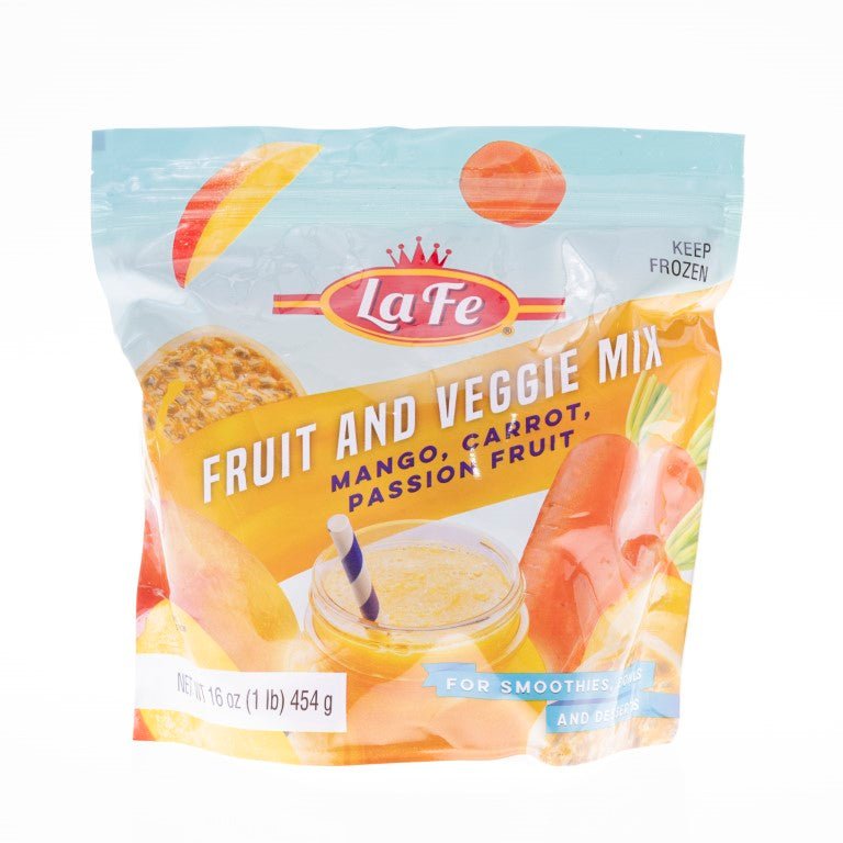 La Fe frozen fruit and veggie mix with mango, carrot, and passion fruit, ideal for smoothies and authentic Latin flavors.