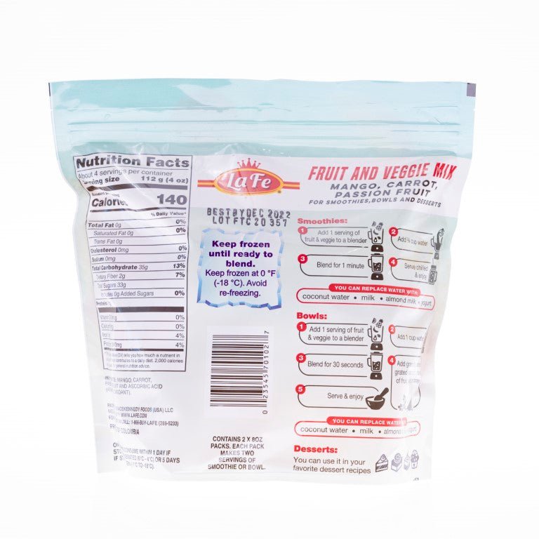LA FE passion fruit mix packaging for smoothies and desserts, featuring tropical flavors and nutrition facts.