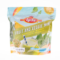 La Fe Fruit and Veggie Mix 454g, featuring pineapple, mango, lulo, and spinach for smoothies and healthy dishes.