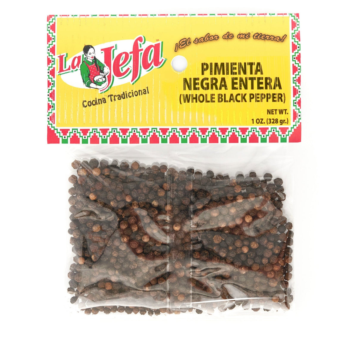 LA JEFA PIMIENTA NEGRA ENTERA packaging, premium whole black pepper for authentic Latin food and rich flavors.
