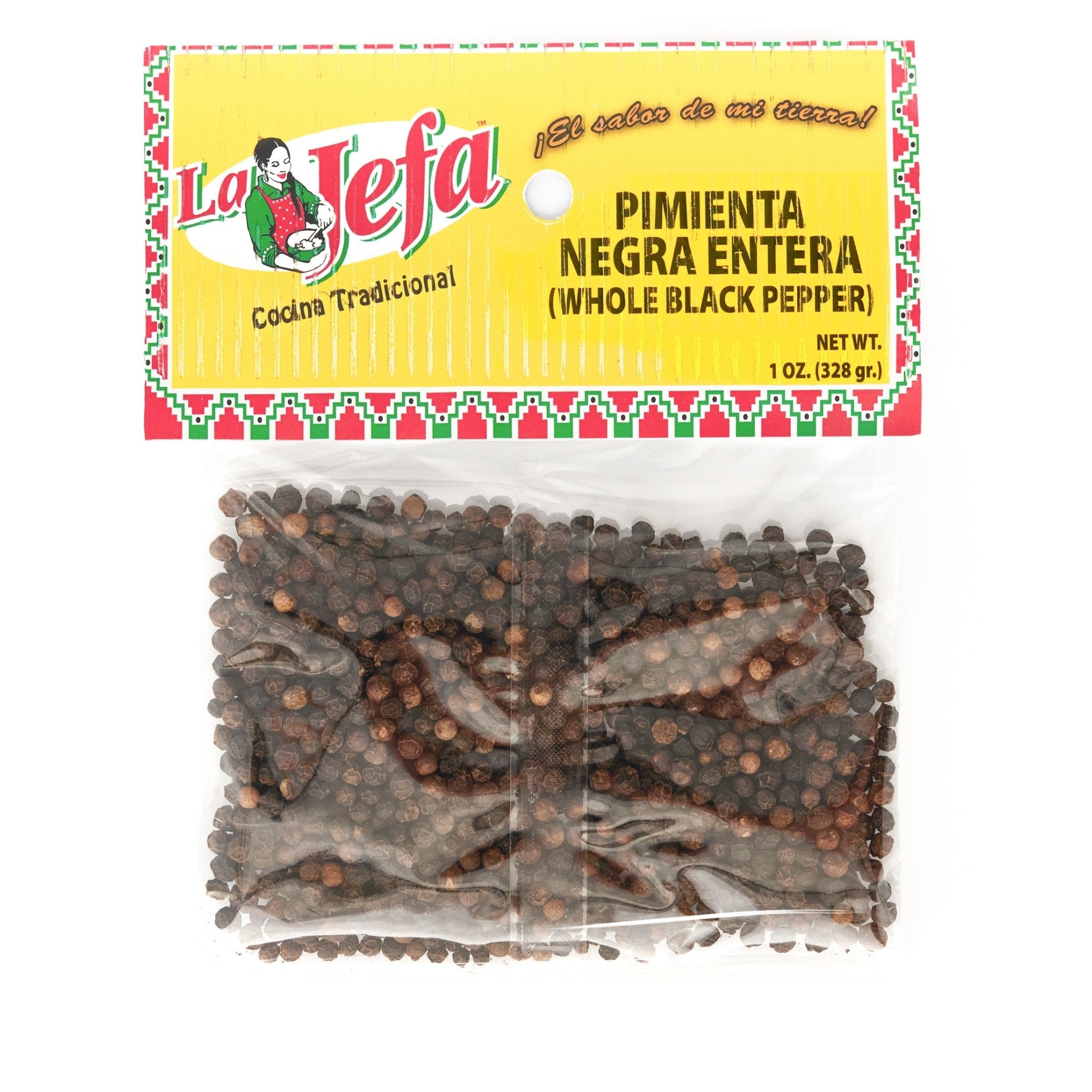 LA JEFA PIMIENTA NEGRA ENTERA packaging, premium whole black pepper for authentic Latin food and rich flavors.