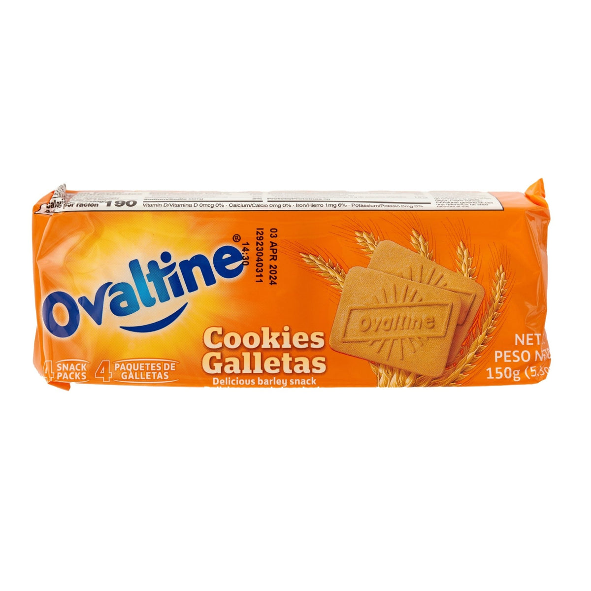 Ovaltine Cookies 24x150g packaging, delicious barley snack, perfect for any time, quality Latin food.