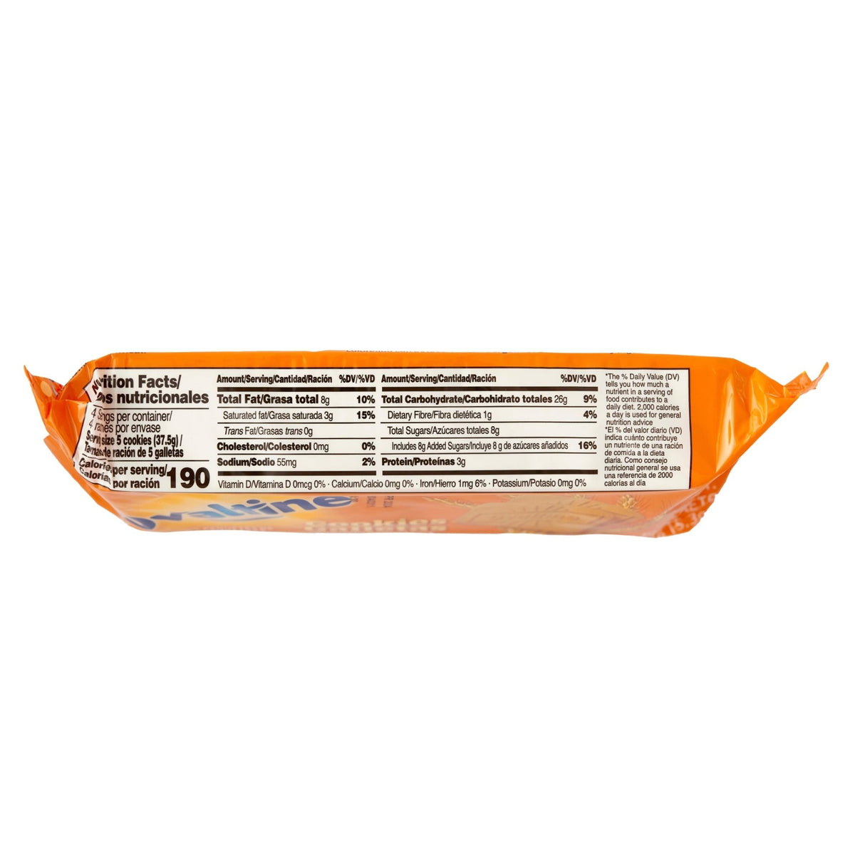 Nutrition facts of Ovaltine Cookies 24X150G, a quality Latin food snack rich in vitamins and minerals.