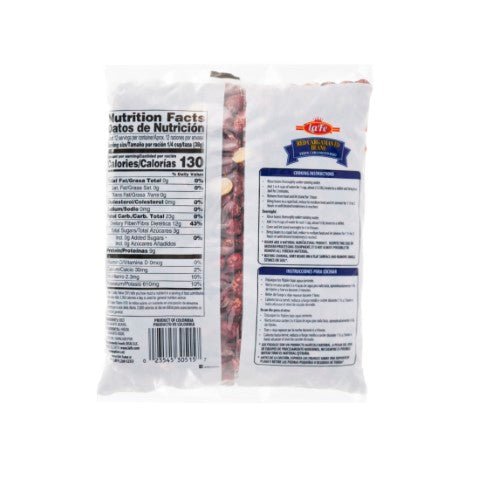 La Fe Frijol Cargamanto-Rojo 16 oz package displaying nutrition facts and quality ingredients for authentic Latin food.
