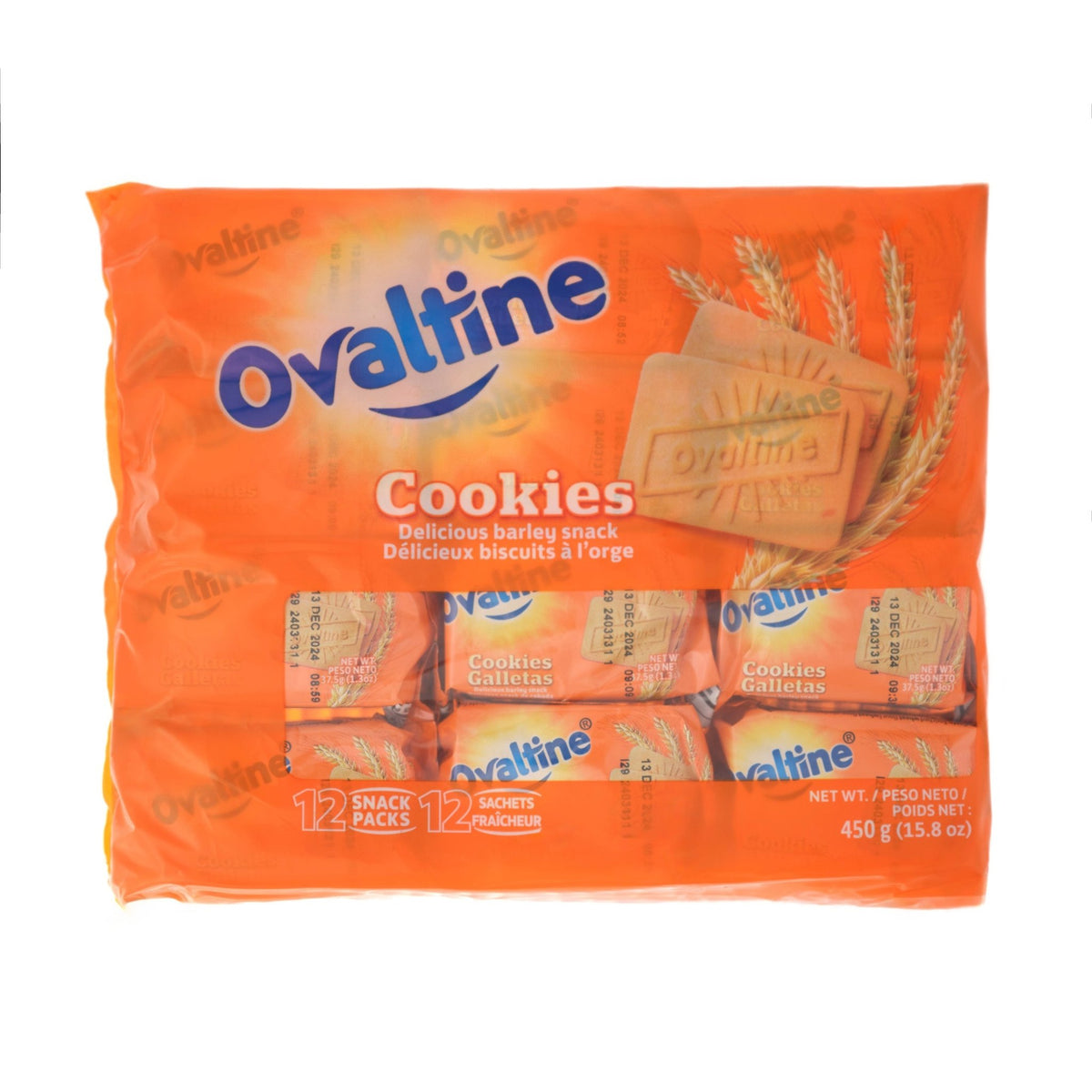 Ovaltine Cookies snack pack featuring 12 serving sizes of creamy and crunchy goodness, ideal for on-the-go enjoyment.