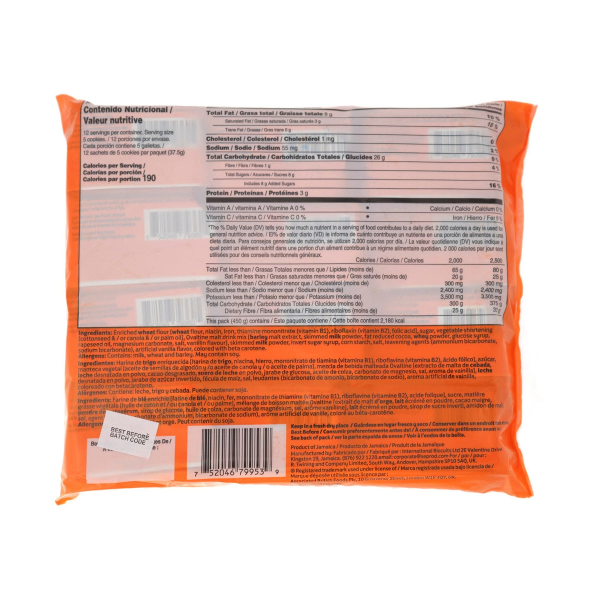 Nutritional information on the back of Ovaltine Cookies 5x12x37.5g snack pack, showcasing ingredients and quality.