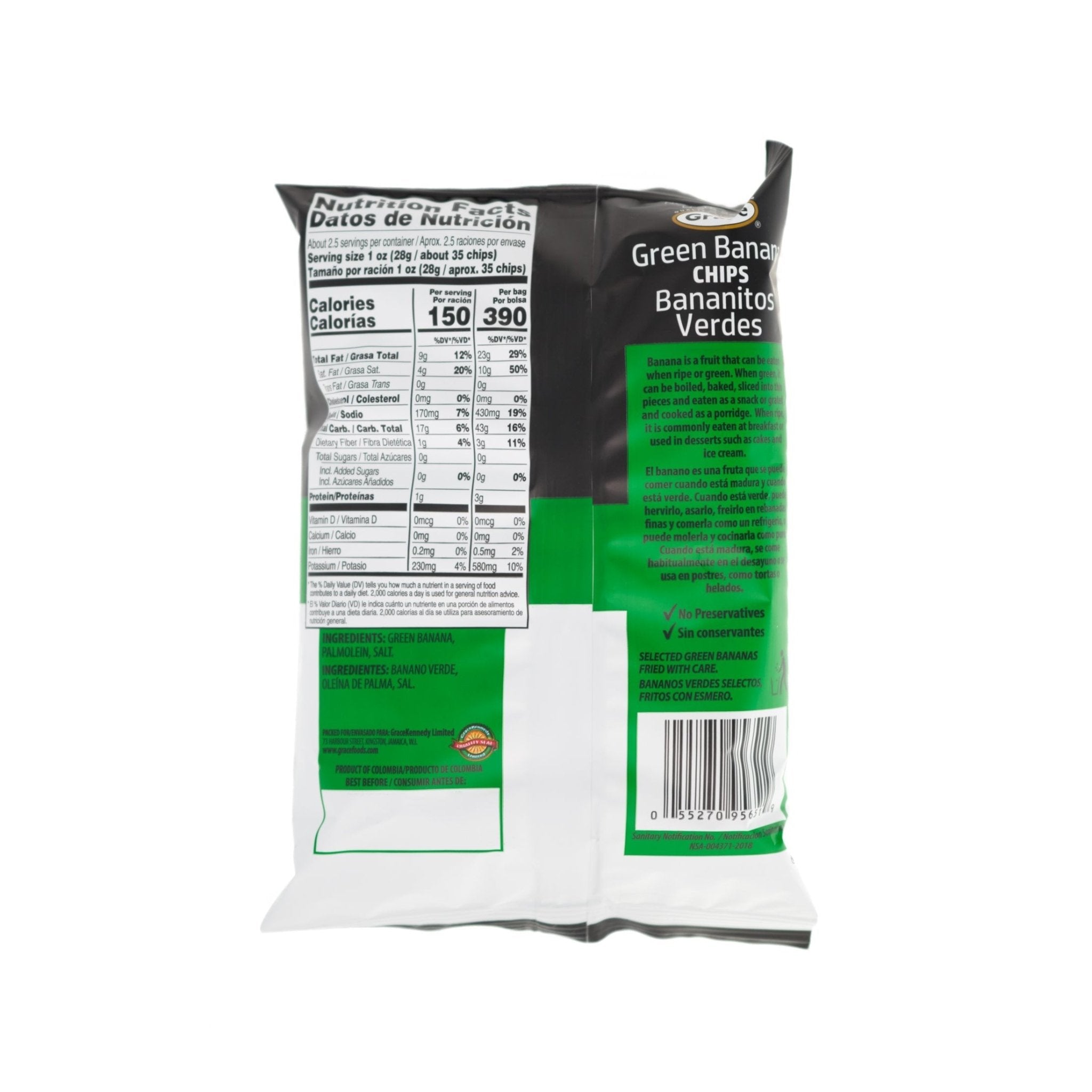 Nutrition label of GRACE GREEN BANANA CHIPS, a delicious and healthy snack option for Latin food lovers.