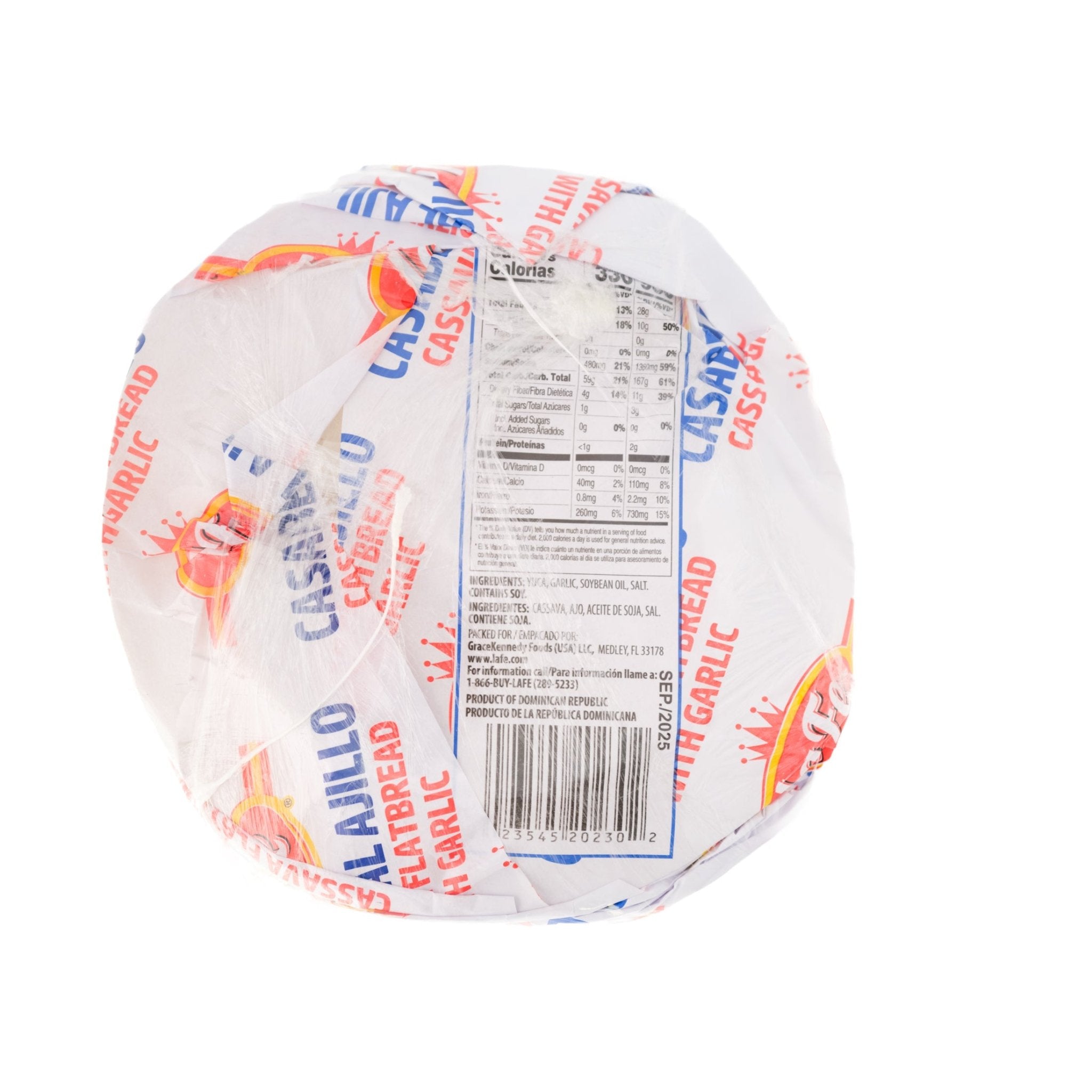 La Fe Casabe Ajillo large flatbread packaging, gluten-free, infused with garlic, perfect for authentic Latin meals.