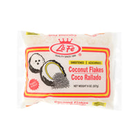 La Fe Sweetened Coconut Flakes packaging, 8 oz, ideal for Latin foods and desserts, 100% natural quality product.