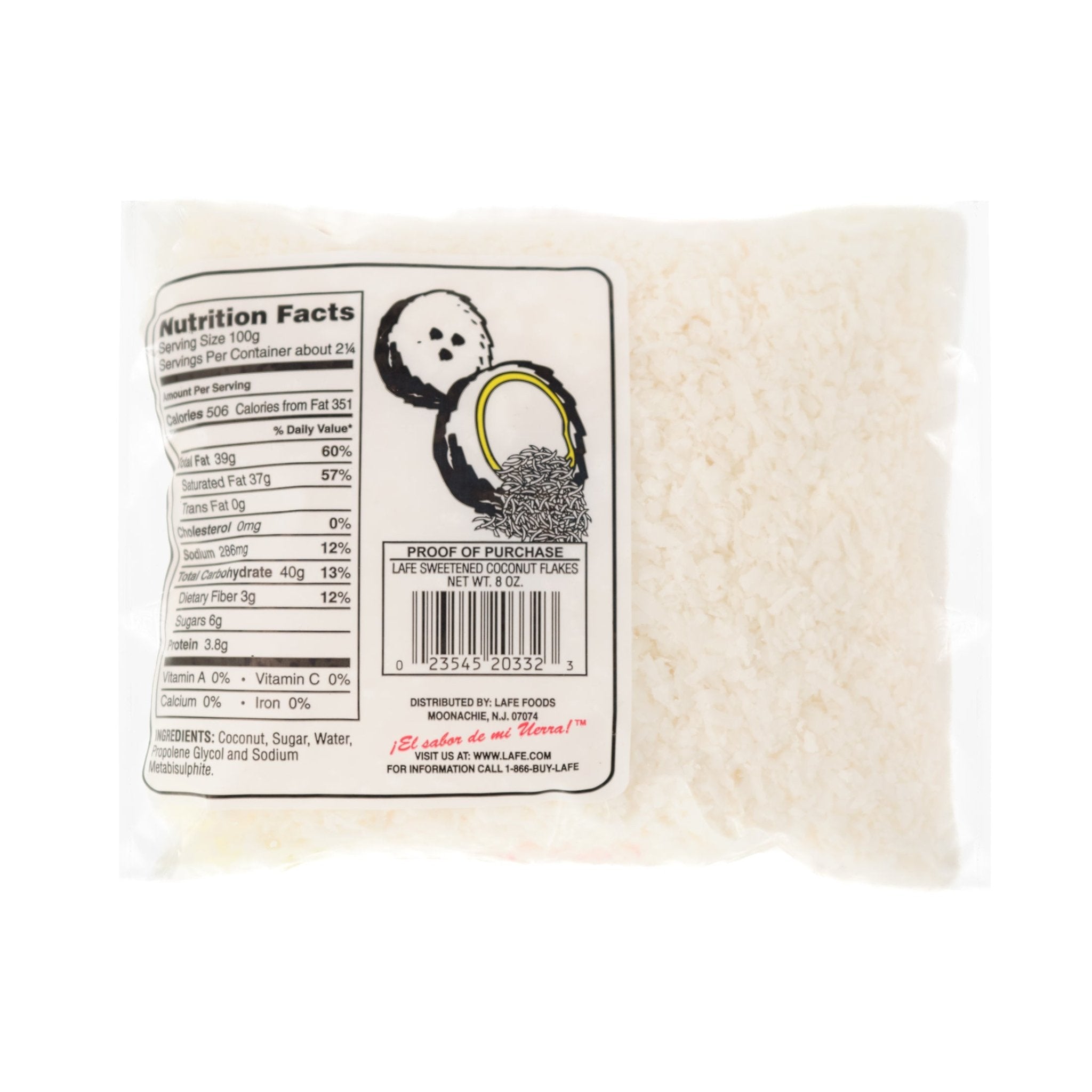 La Fe Coconut Flakes Sweet 8 oz bag featuring nutrition facts, perfect for authentic Latin food and desserts.