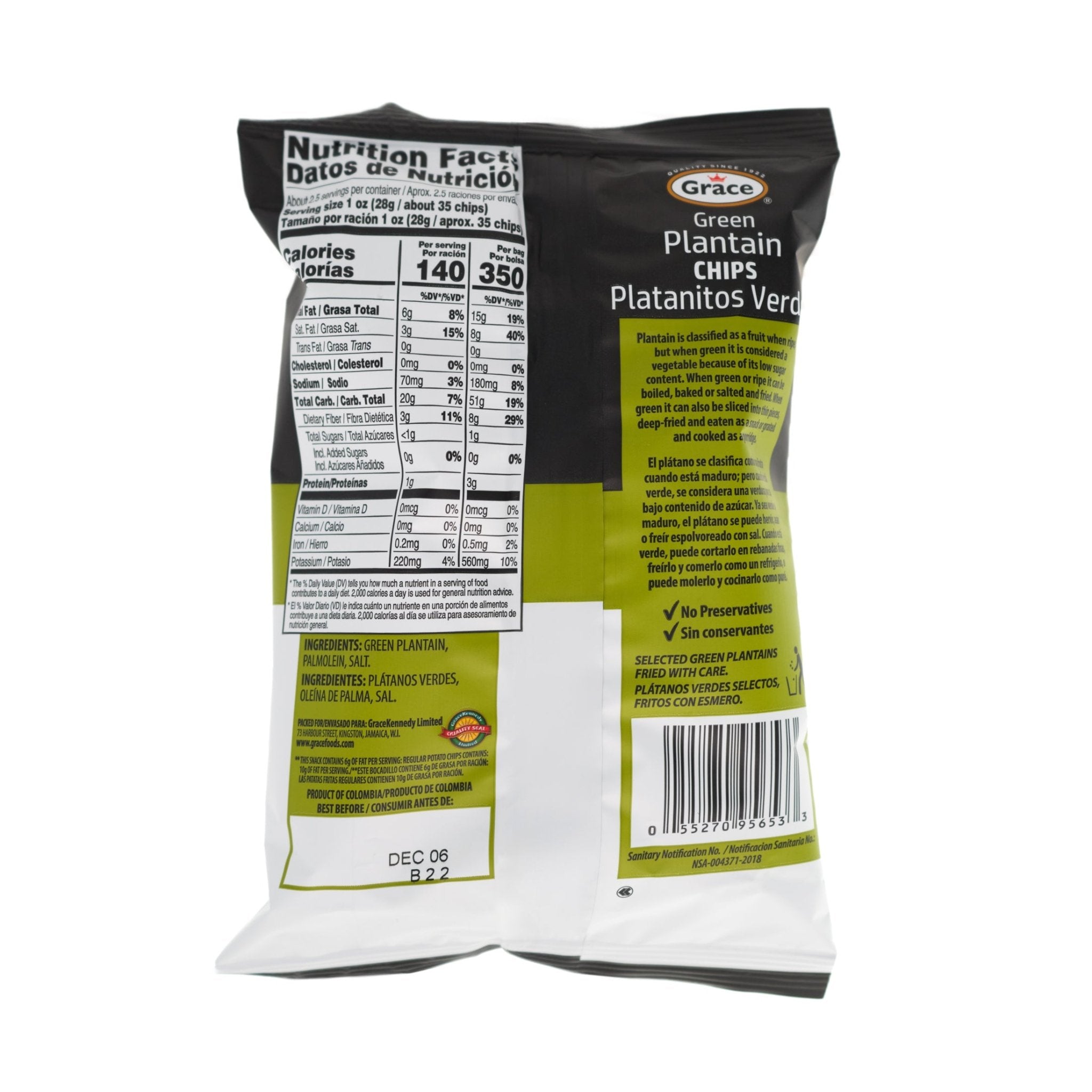Back of Grace Green Plantain Chips bag, featuring nutritional information and authentic Latin flavors.
