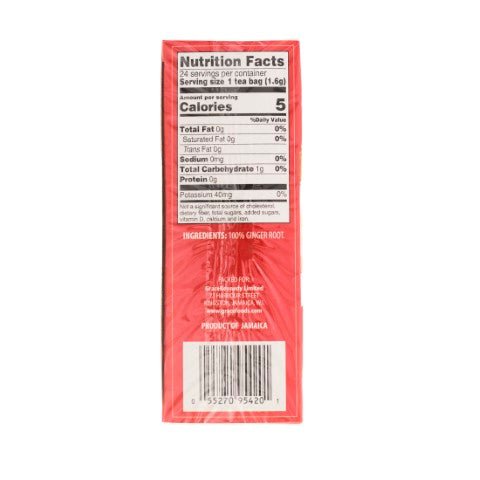 Nutrition facts for Grace Tea Ginger, 24 tea bags of quality Latin food with invigorating ginger flavor.