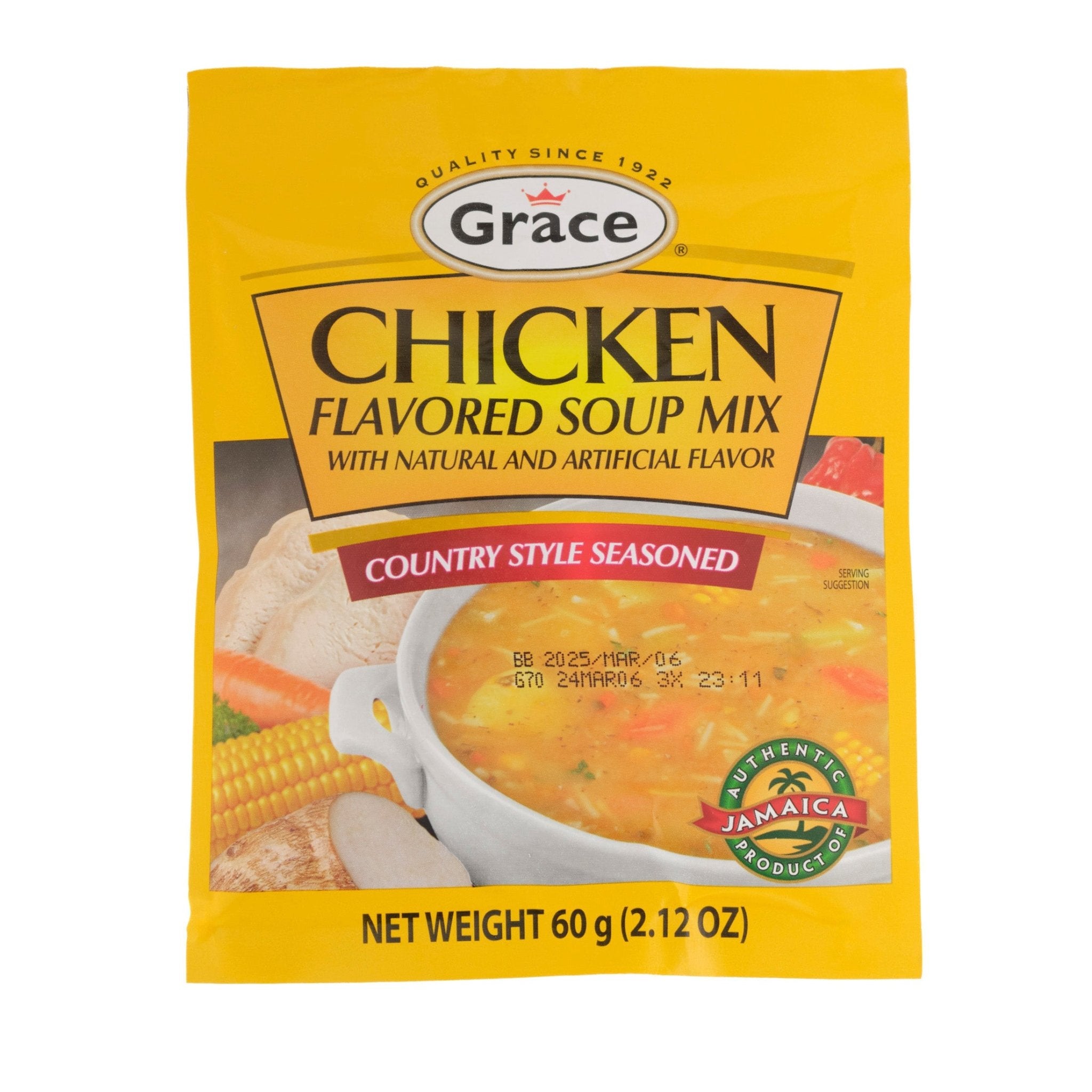 Grace Chicken Flavored Soup Mix 60g pack, perfect for authentic Latin food lovers and quick meals.