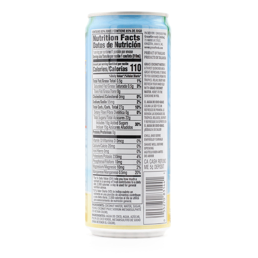 Nutrition label of Grace Coconut Water 310ml can, highlighting essential electrolytes and refreshing hydration.