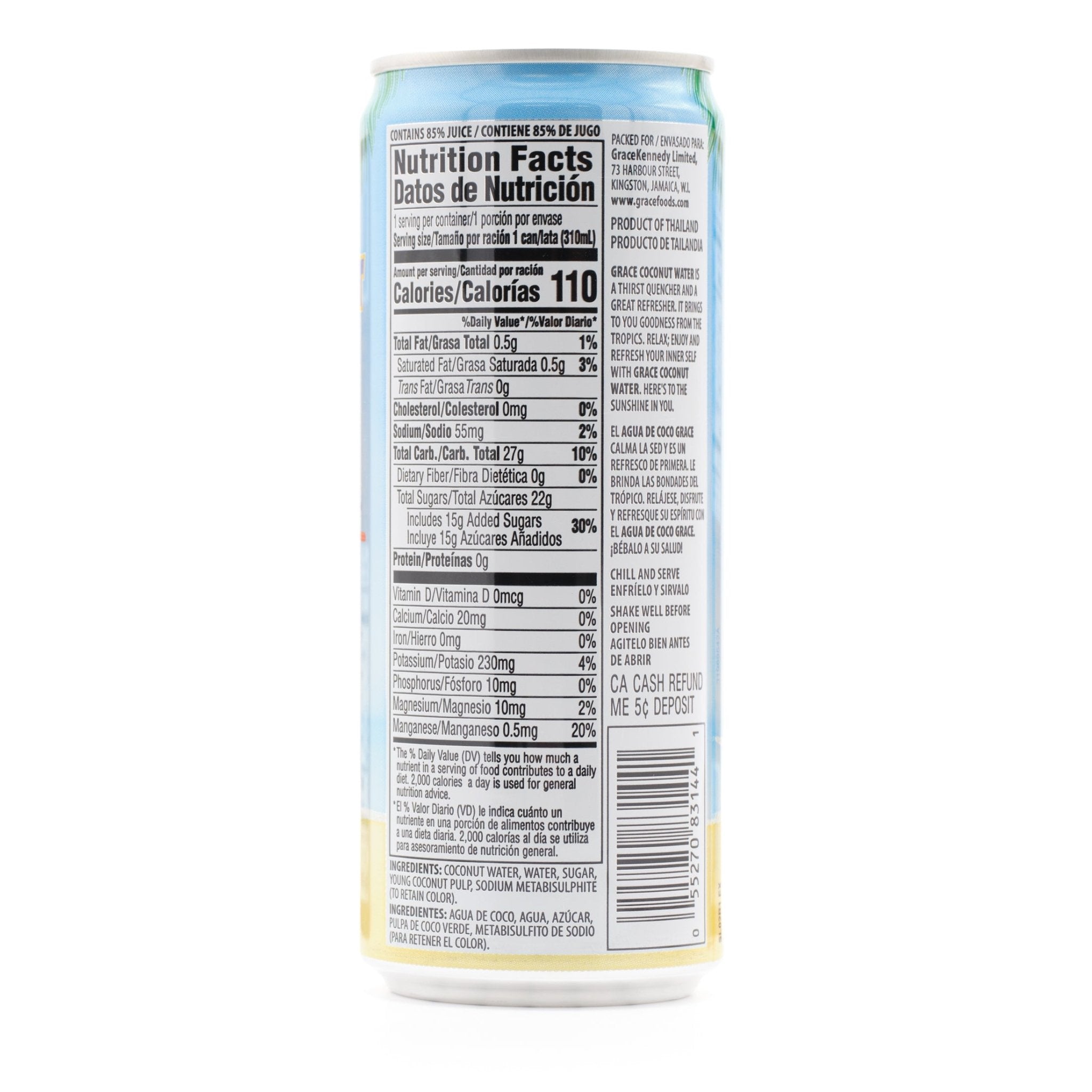 Nutrition label of Grace Coconut Water 310ml can, highlighting essential electrolytes and refreshing hydration.