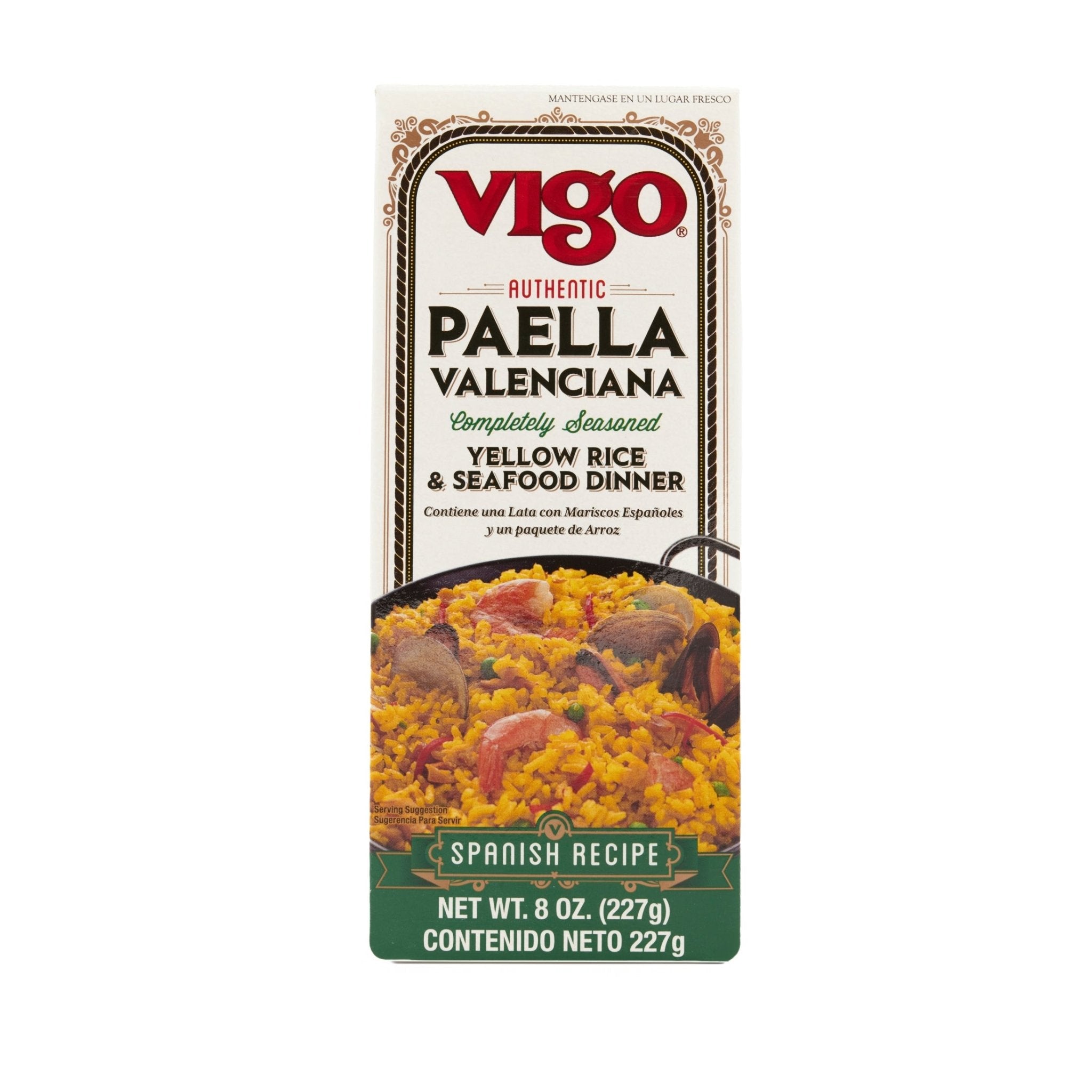 Vigo Paella Valenciana box featuring yellow rice and seafood, a delicious authentic Latin food option.