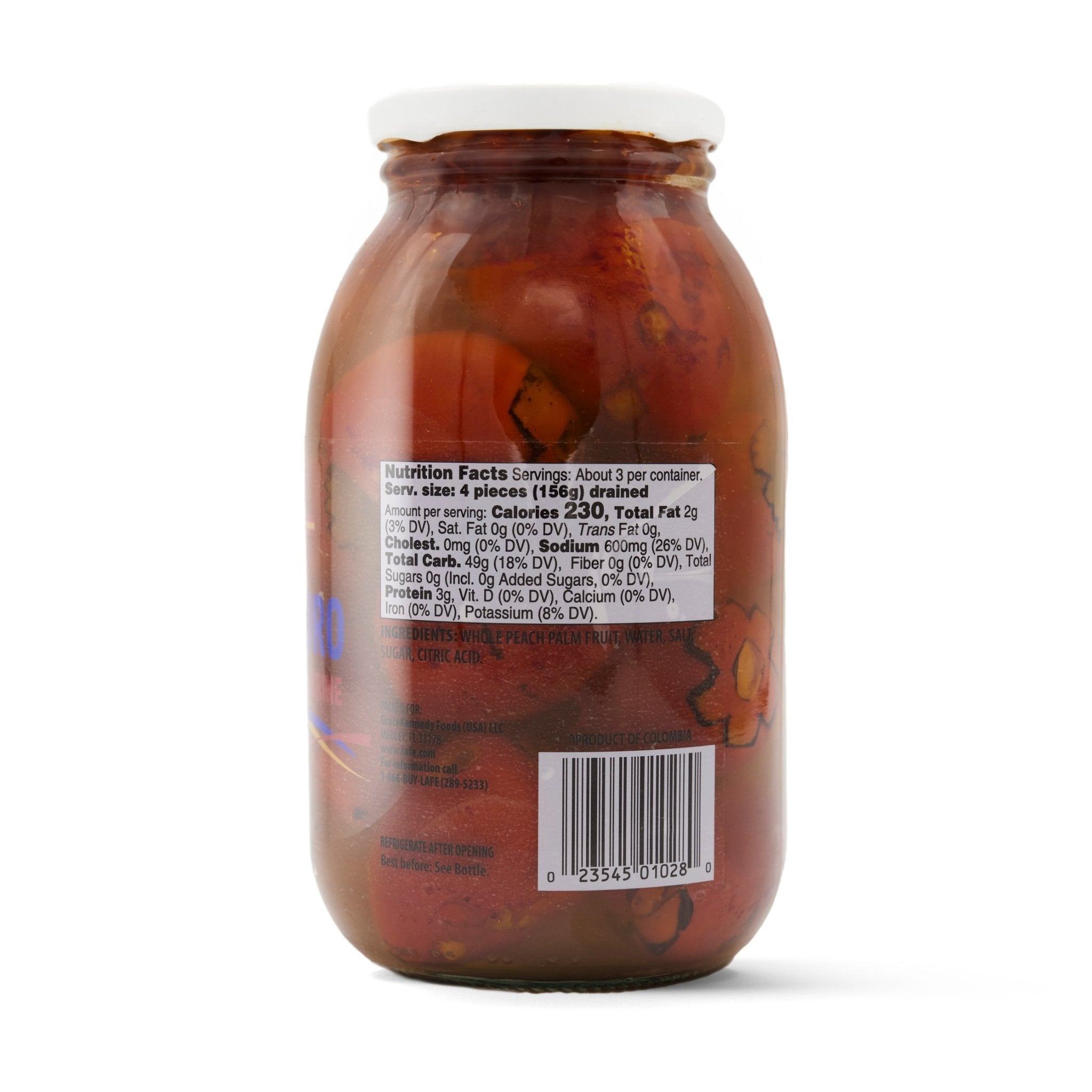 LA FE Conserva Chontaduro in a glass jar, showcasing fresh Latin food with vitamins and minerals for a healthy indulgence.