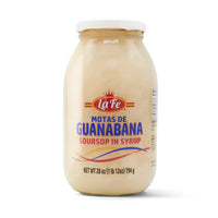 La Fe Mota de Guanabana 28 oz glass jar, delicious soursop in syrup, perfect for authentic Latin dishes.